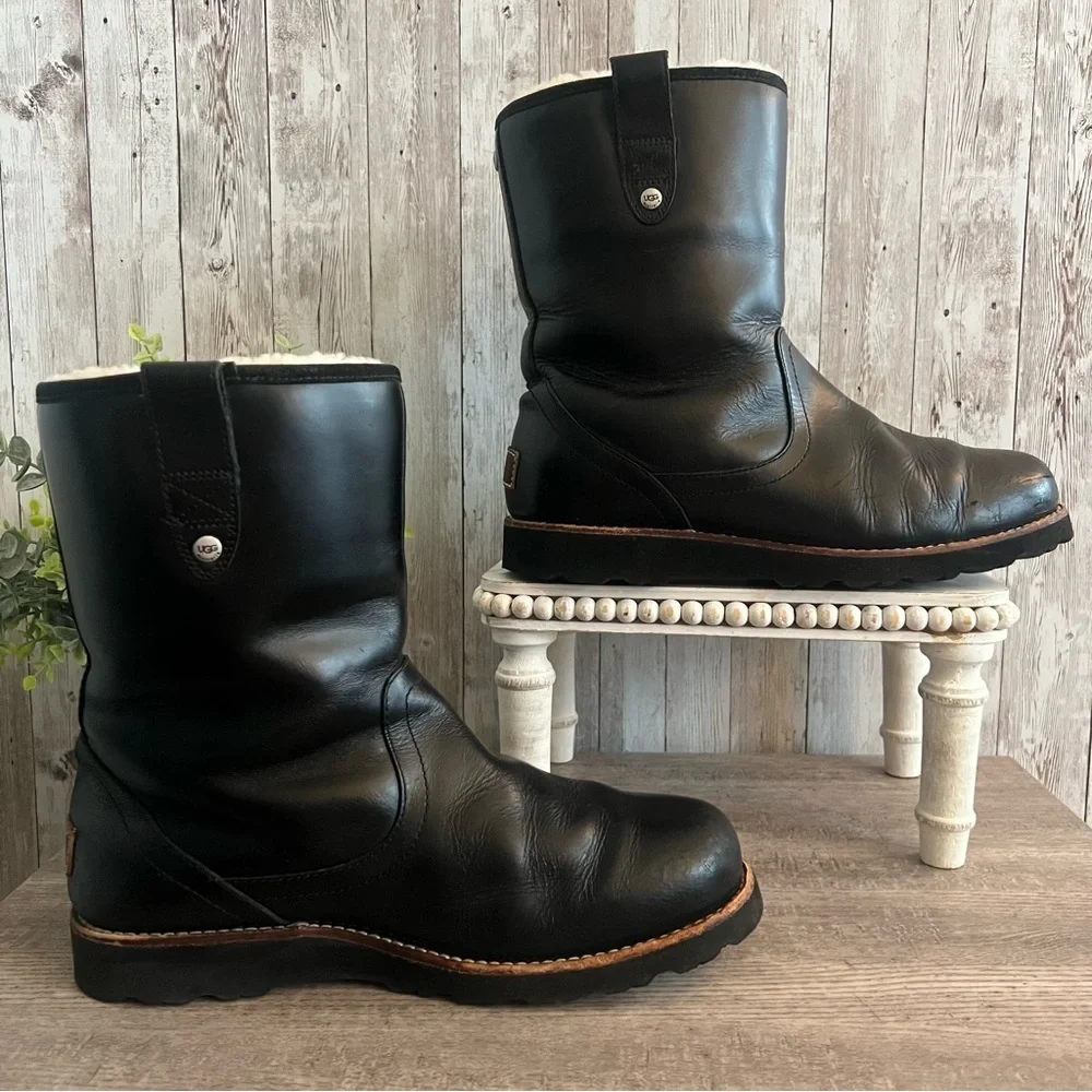 UGG Black Stoneman 3247 Leather Men's Rain & Snow Boots Sherpa Lined 9